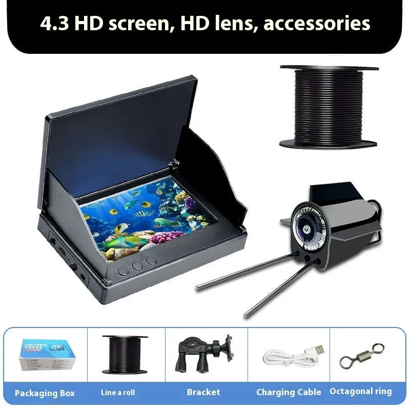 Fish finder underwater camera with 4.3-inch screen showing HD underwater visuals and temperature display