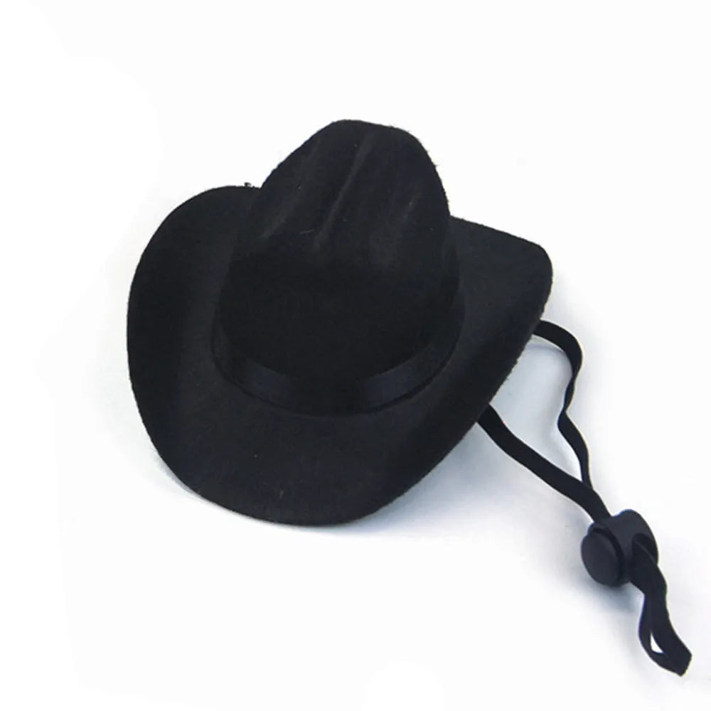 A brown adjustable cowboy hat for a dog or cat, shown on a pet mannequin head.