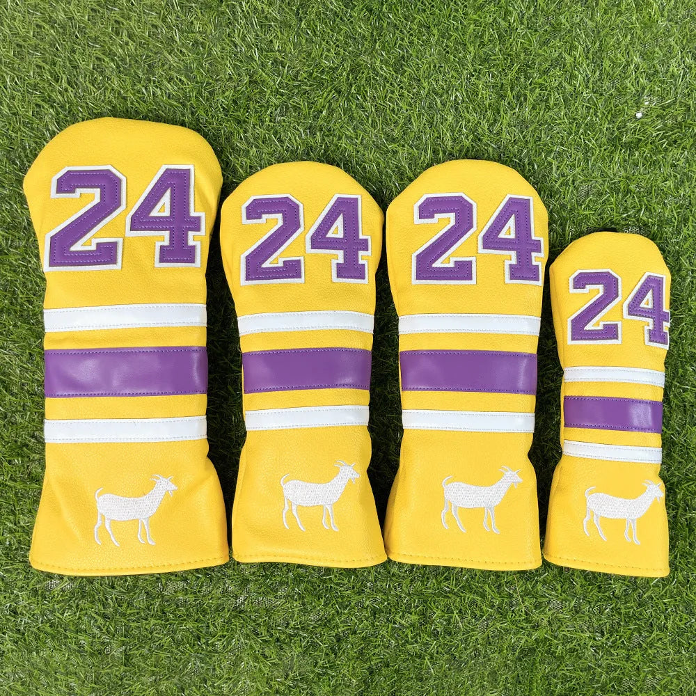 Set of four PU golf club head sleeves in yellow, designed for Ram No 1 wood and a square putter.