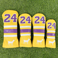 Set of four PU golf club head sleeves in yellow, designed for Ram No 1 wood and a square putter.