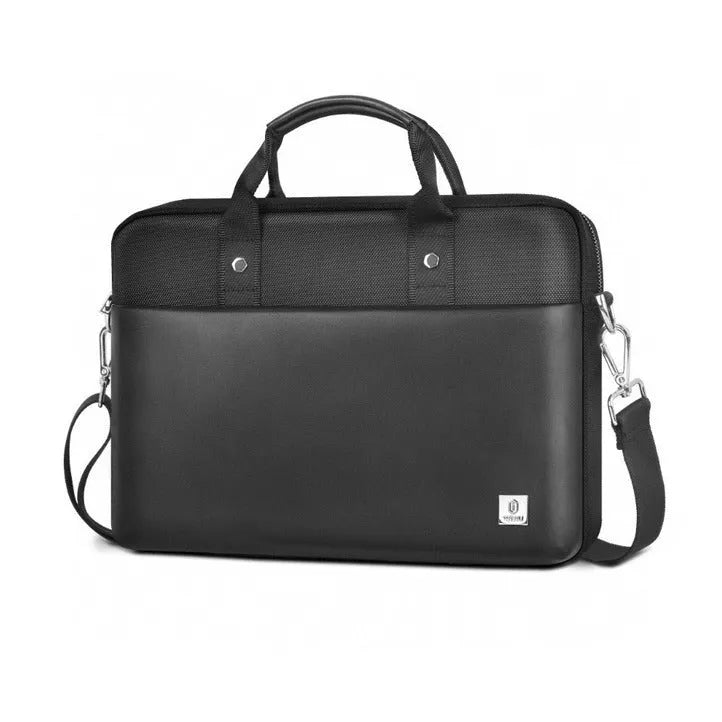 Black Oxford cloth laptop handbag with multiple compartments and a lock, shown in 14-inch and 15.6-inch sizes.