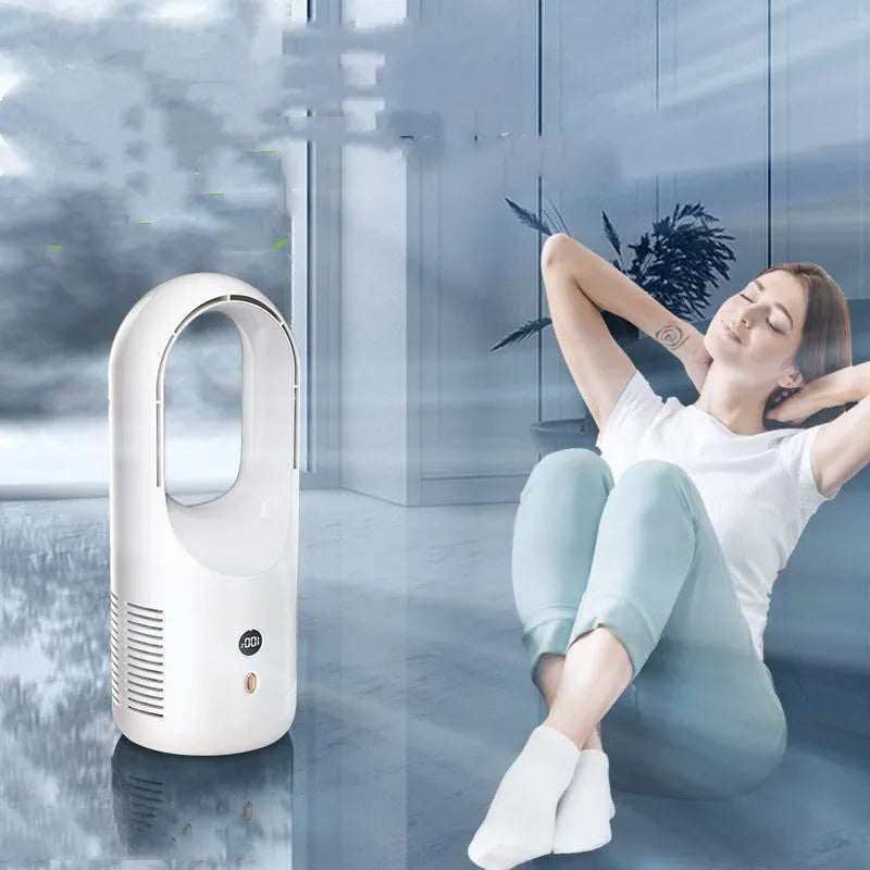 X28 Vaneless bladeless desktop fan with USB port and LED display on a desk