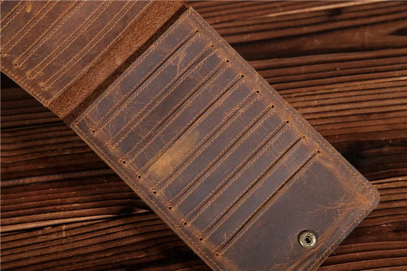 Men's slim leather card holder wallet with multiple card slots and a mobile phone pocket.
