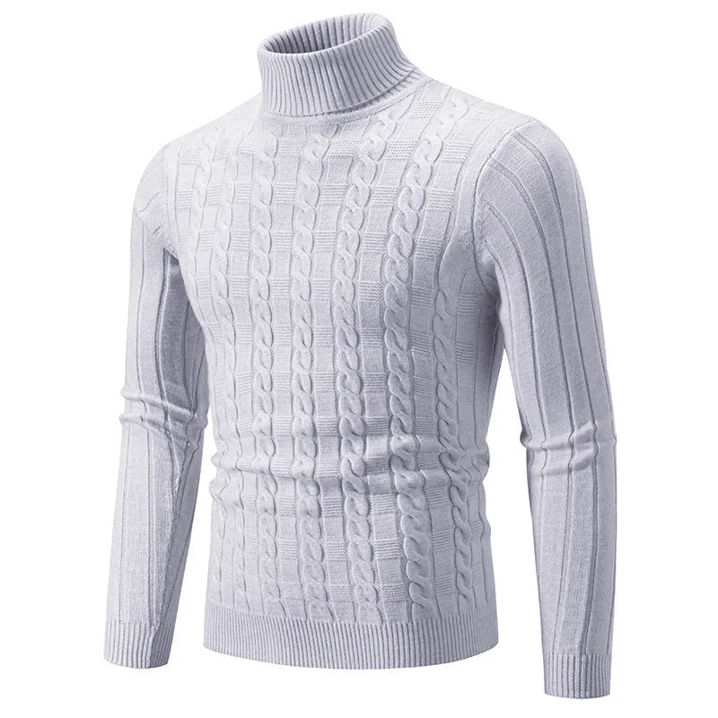 Men's slim fit twist turtleneck pullover sweater in chenille spandex fabric on a model.