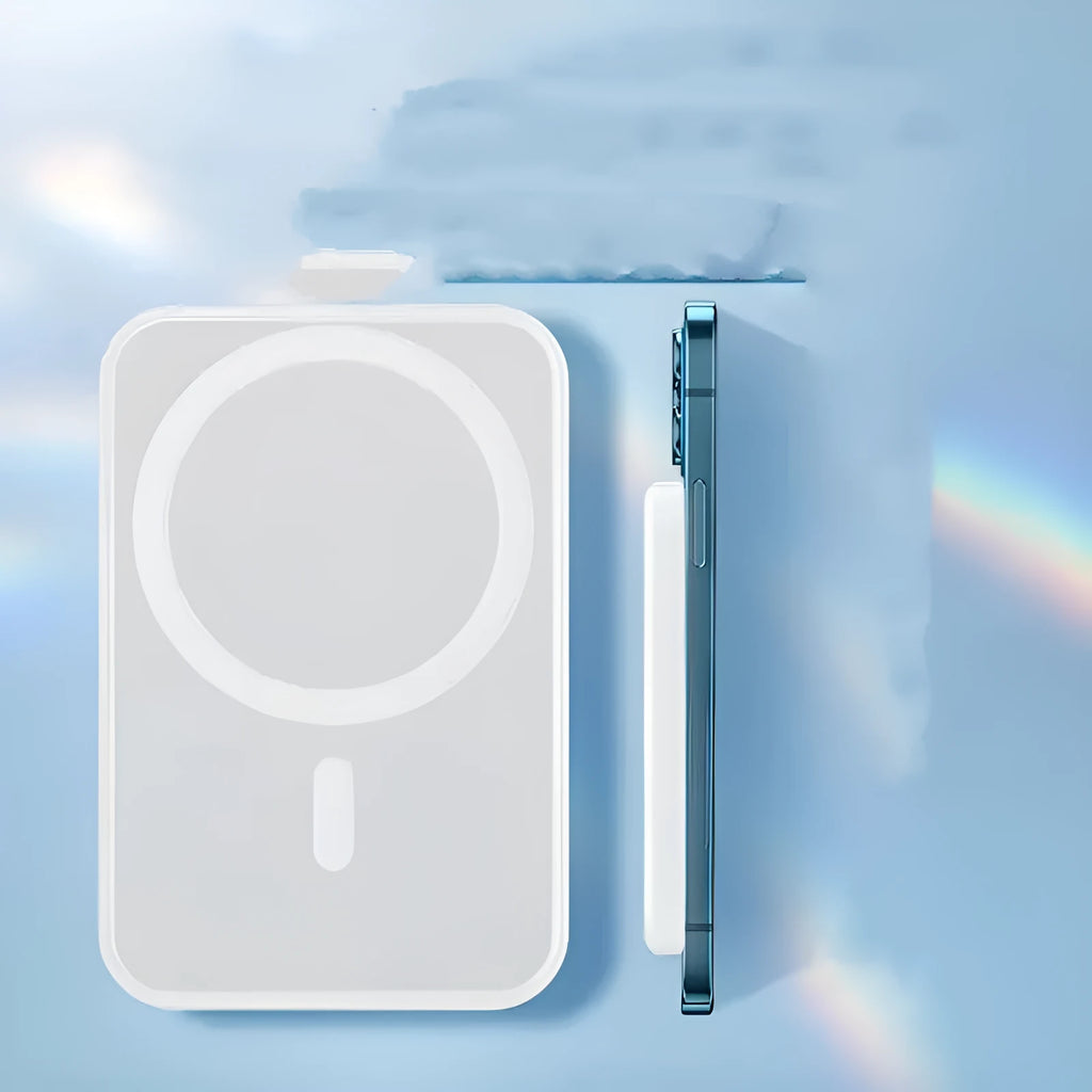 Magnetic wireless charger power bank in white with 5000mAh capacity and compact dimensions