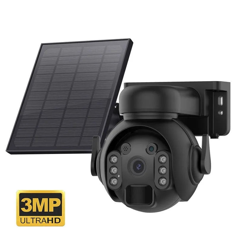 Solar security camera with solar panel and lens for outdoor monitoring