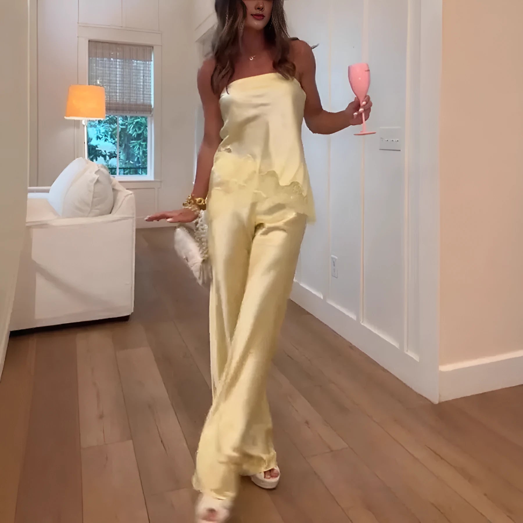 Light yellow strapless two-piece set with lace decoration and satin fabric
