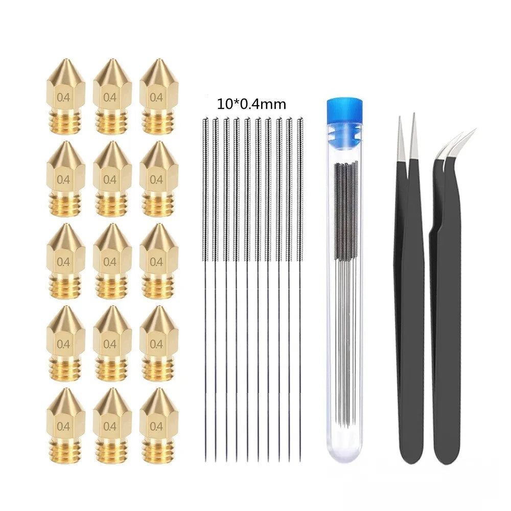 MK8 brass nozzle and stainless steel cleaning pin set for Creality Ender 3 3D printers.