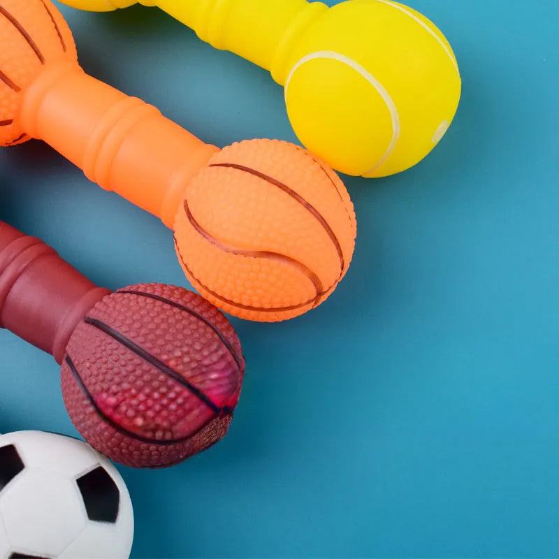 Football dumbbell shaped dog squeaky chew toy in multiple colours