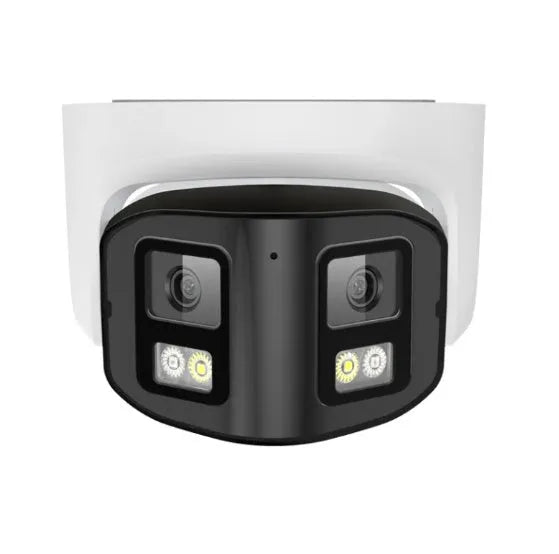 4MP dual-lens POE IP66 waterproof security camera showing front view with two lenses and mounting bracket.