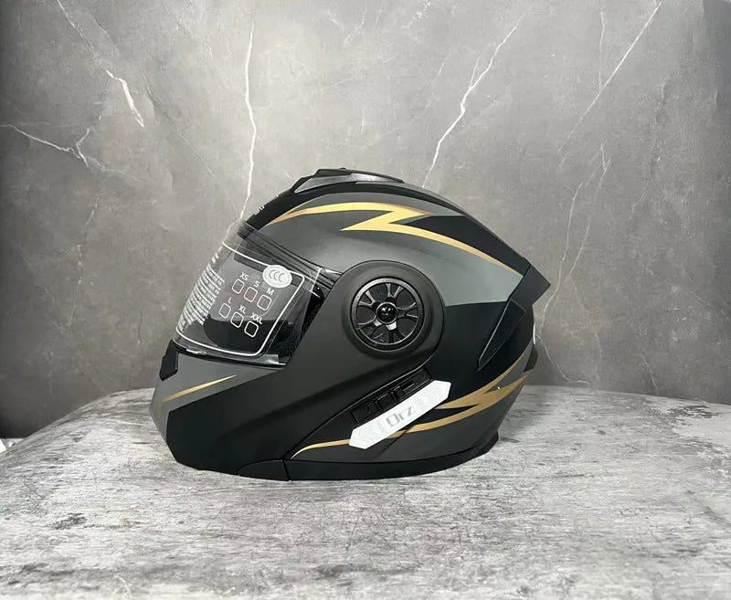 Battery grey full face motorcycle helmet with ABS construction shown in S/M/L/XL size options