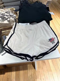 Women's dark blue cotton high top sports shorts with white flag embroidery and navy blue panels