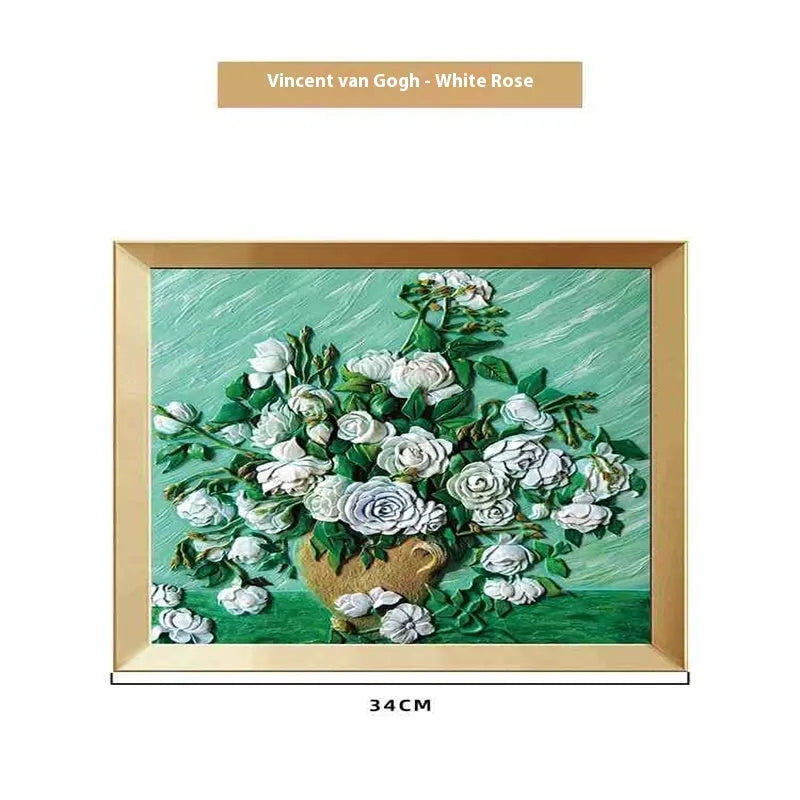 DIY hand drawn oil painting kit showing epoxy pottery base, propylene paints, brushes, and a completed framed Van Gogh 'Starry Night' example.