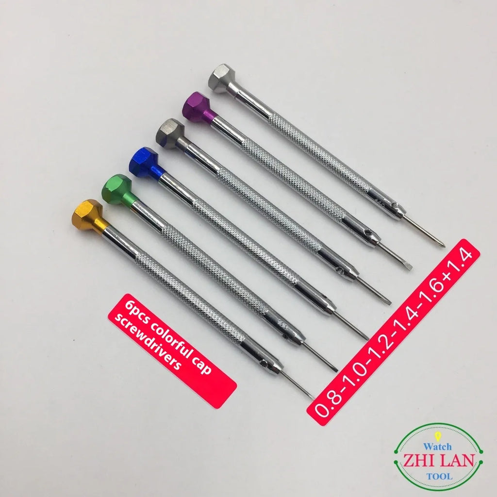 Six colour-coded aluminium handle watch repair screwdrivers with oxidation-treated steel tips.
