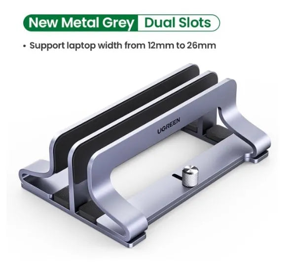 Silver aluminium laptop cooling stand with hollow design and width adjustment mechanism
