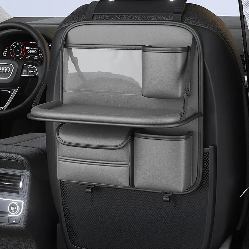 Leather car seat storage bag with fold-out table in black, grey, green, or brown