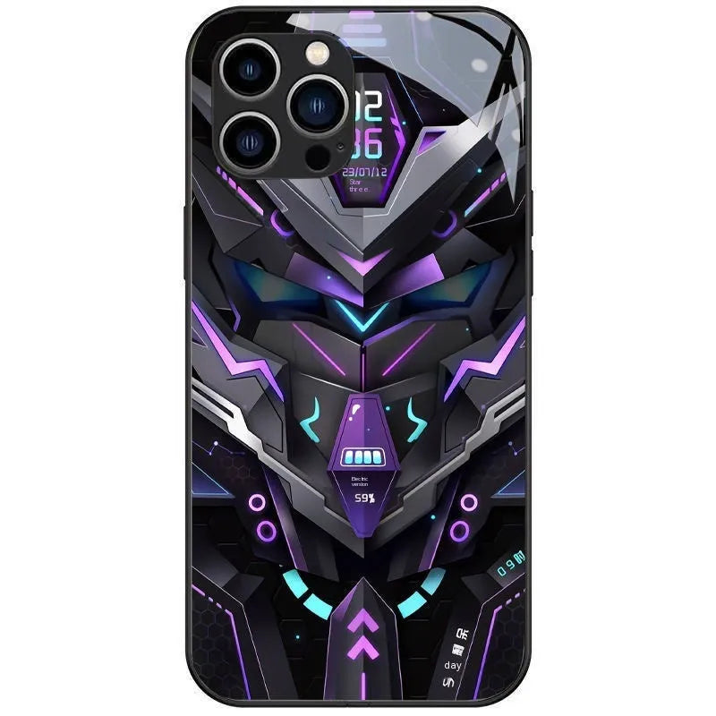 Glass phone case with light-emitting mech cartoon design for Apple iPhone