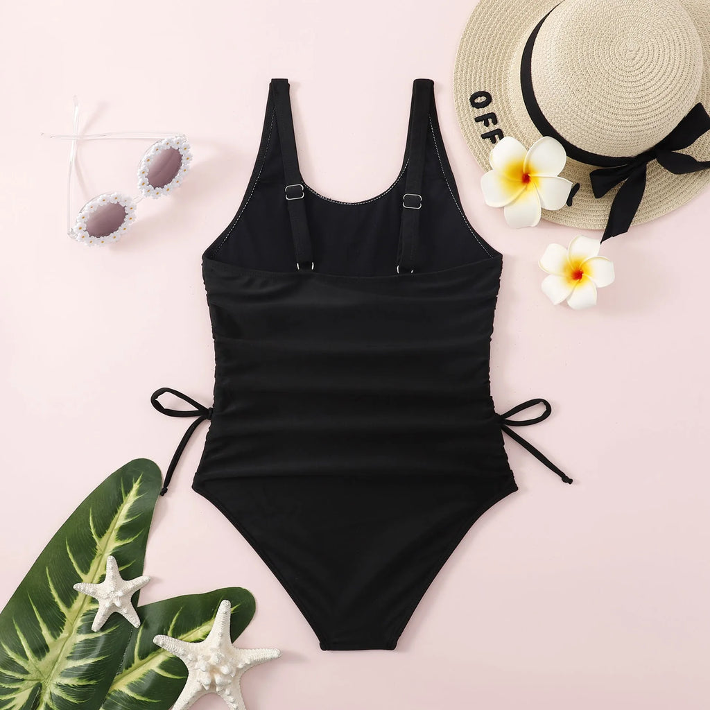 Black solid colour pleated tie swimsuit for girls, polyester spandex, briefs style, Asian sizes 130-160