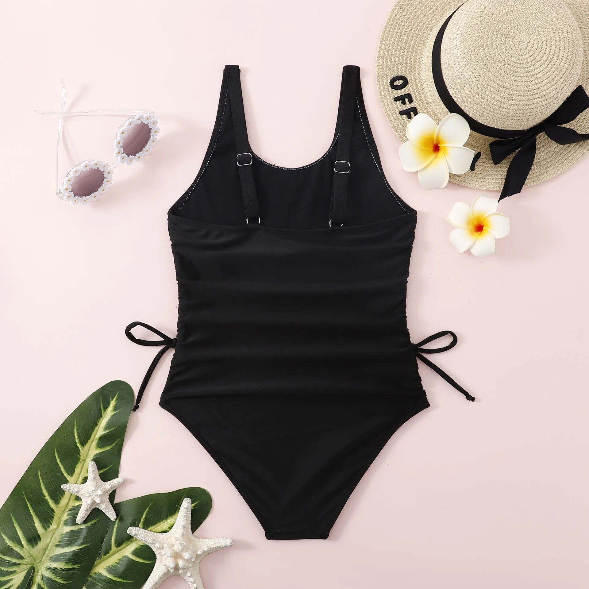 Black solid colour pleated tie swimsuit for girls, polyester spandex, briefs style, Asian sizes 130-160