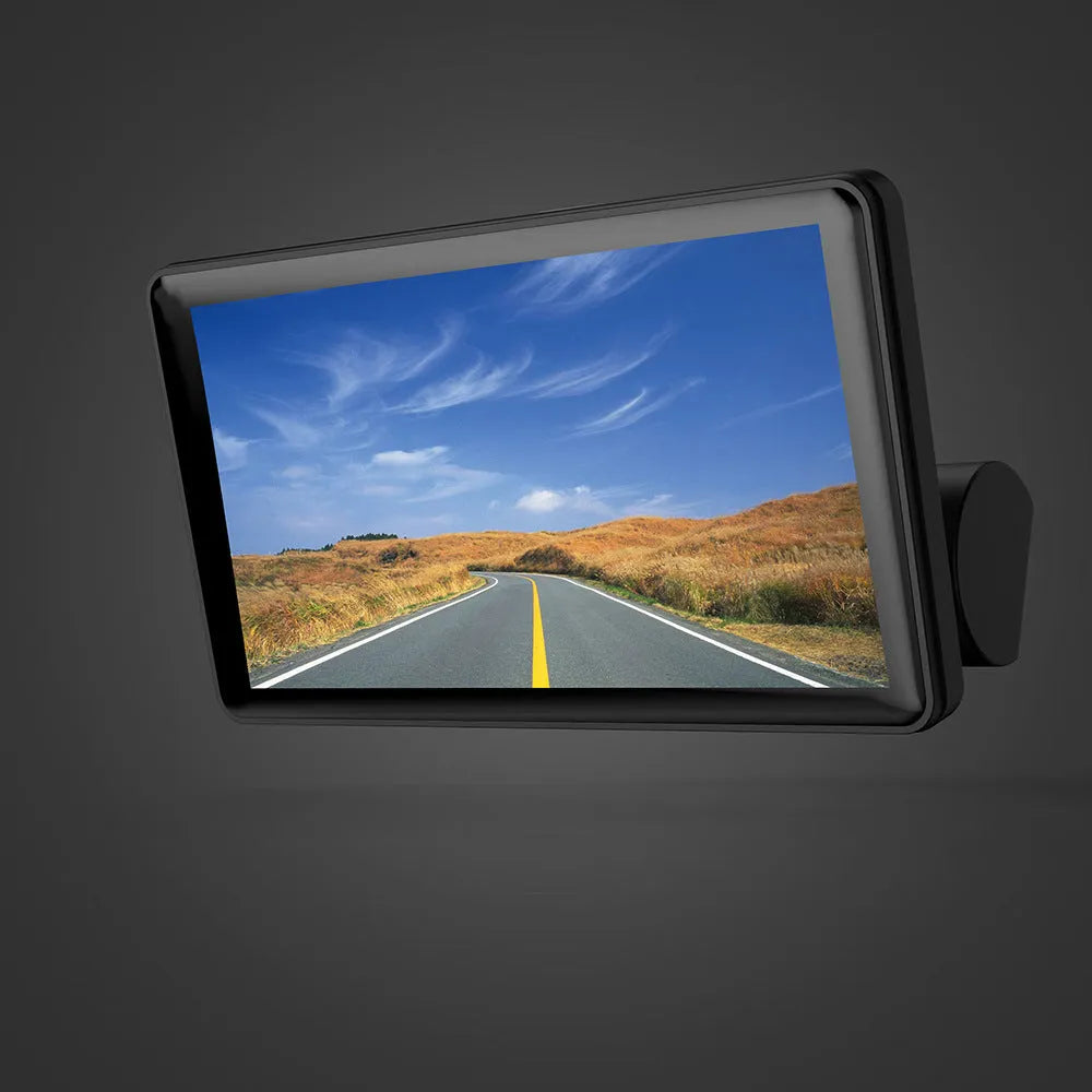 Black three lens dashboard camera with 4 inch touch screen for front and rear vehicle recording