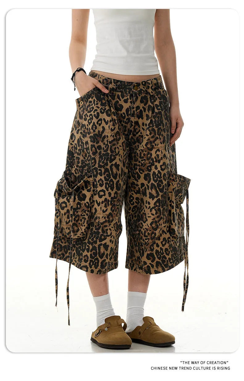 Women's high waist cotton leopard print cropped pants with button front cardigan opening