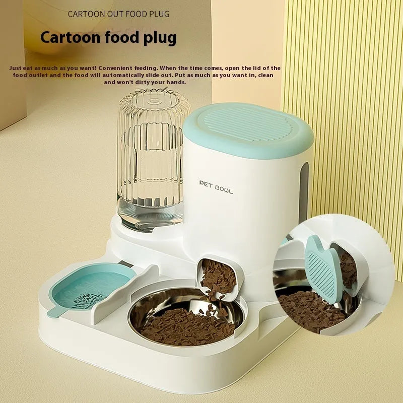 Automatic cat feeding and water fountain station with integrated double bowl in avocado green