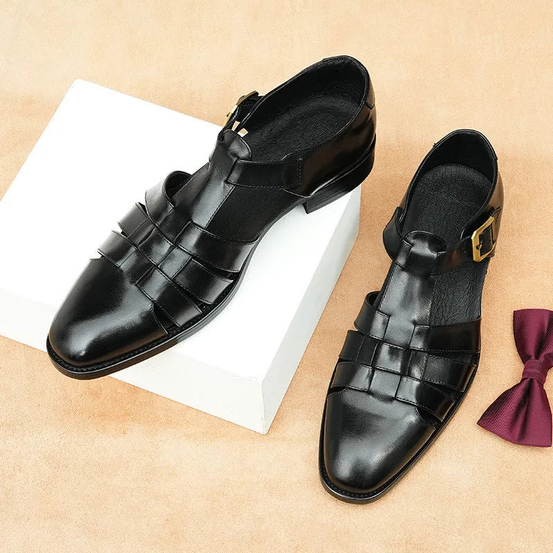 Men's genuine leather retro business sandals in black or brown with rubber sole