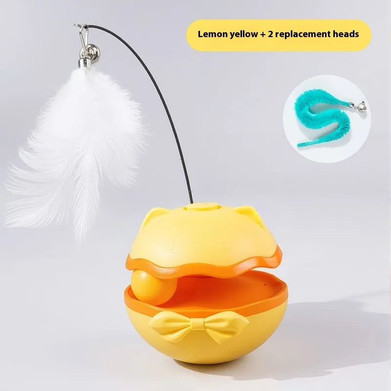 Electric self-propelled cat teaser tumbler toy in lemon yellow, sky blue, or soft fog grey.
