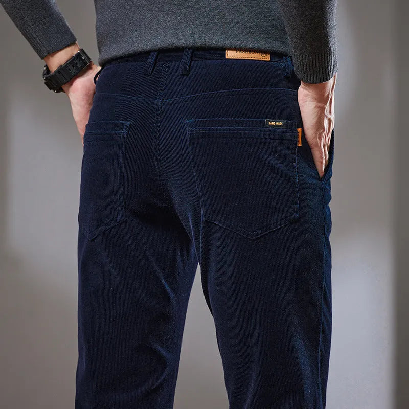 Slim fit straight corduroy trousers in cotton for men, mid waist, available in black, dark gray, navy blue, brown
