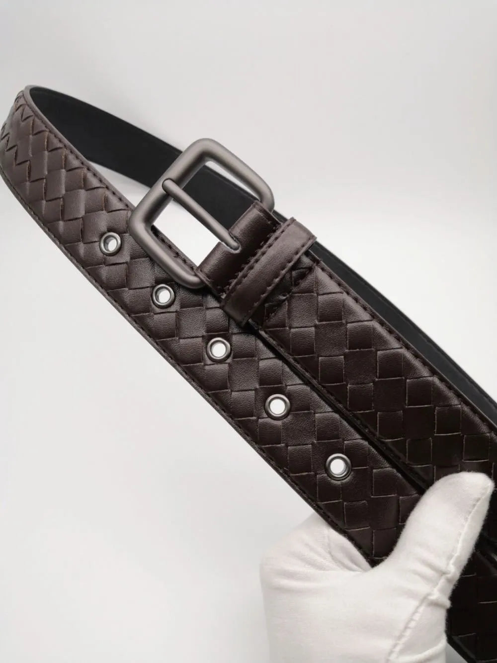 Children's top layer cowhide belt with copper needle buckle, embossed geometric pattern, coffee colour, 3.5cm width