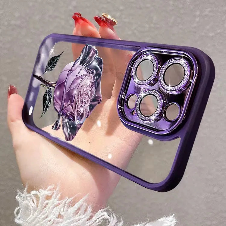 TPU phone case with detailed rose pattern and integrated sparkling camera lens film for iPhone protection