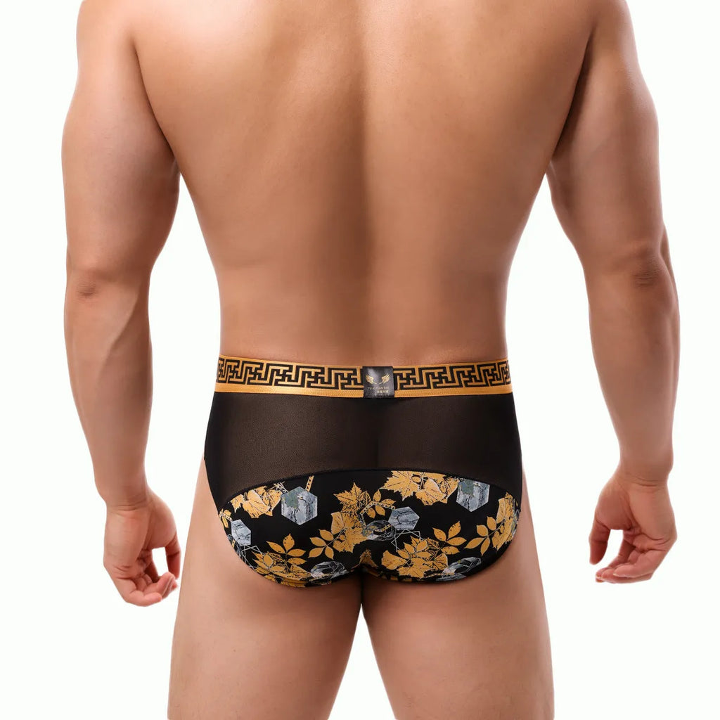 Men's mid waist briefs with nylon mesh fabric and floral stitch pattern in Timbo or Maple Leaf design