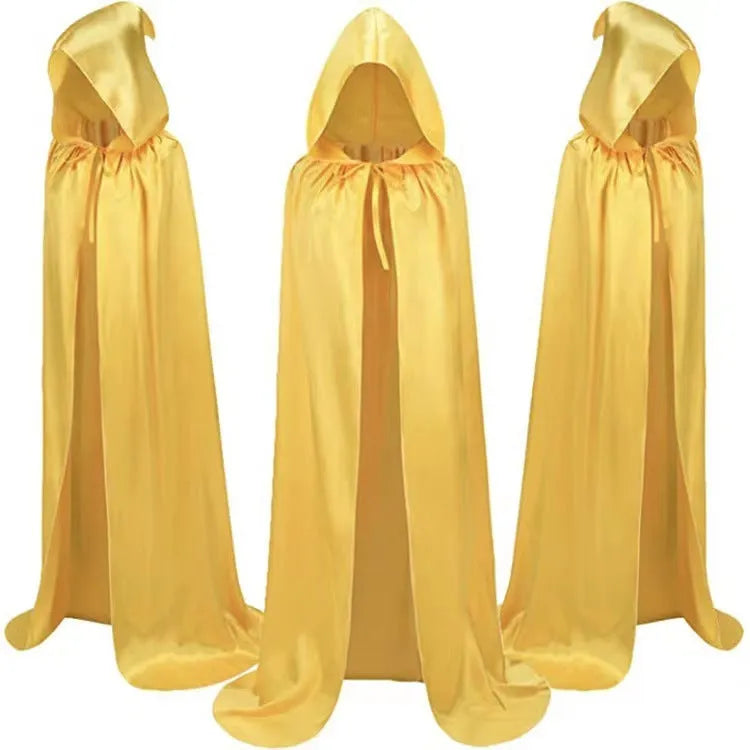 Reversible black satin children's cloak with hood for Halloween wizard costume