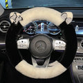 Milk tea white plush steering wheel cover with cute panda ears design on a car steering wheel