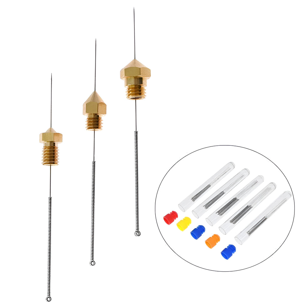 Ten metal cleaning needles for 3D printer nozzles in sizes 0.2mm to 0.4mm, presented on a white background.