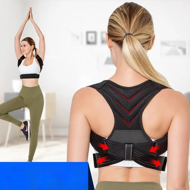Black anti-humpback posture correction belt for back and shoulder support during sports.