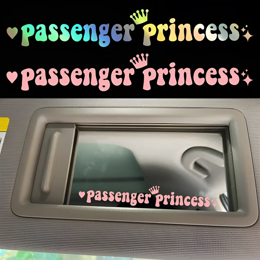 Passenger Princess slogan car rearview mirror sticker in black, white, laser, or pink, 15cm long.
