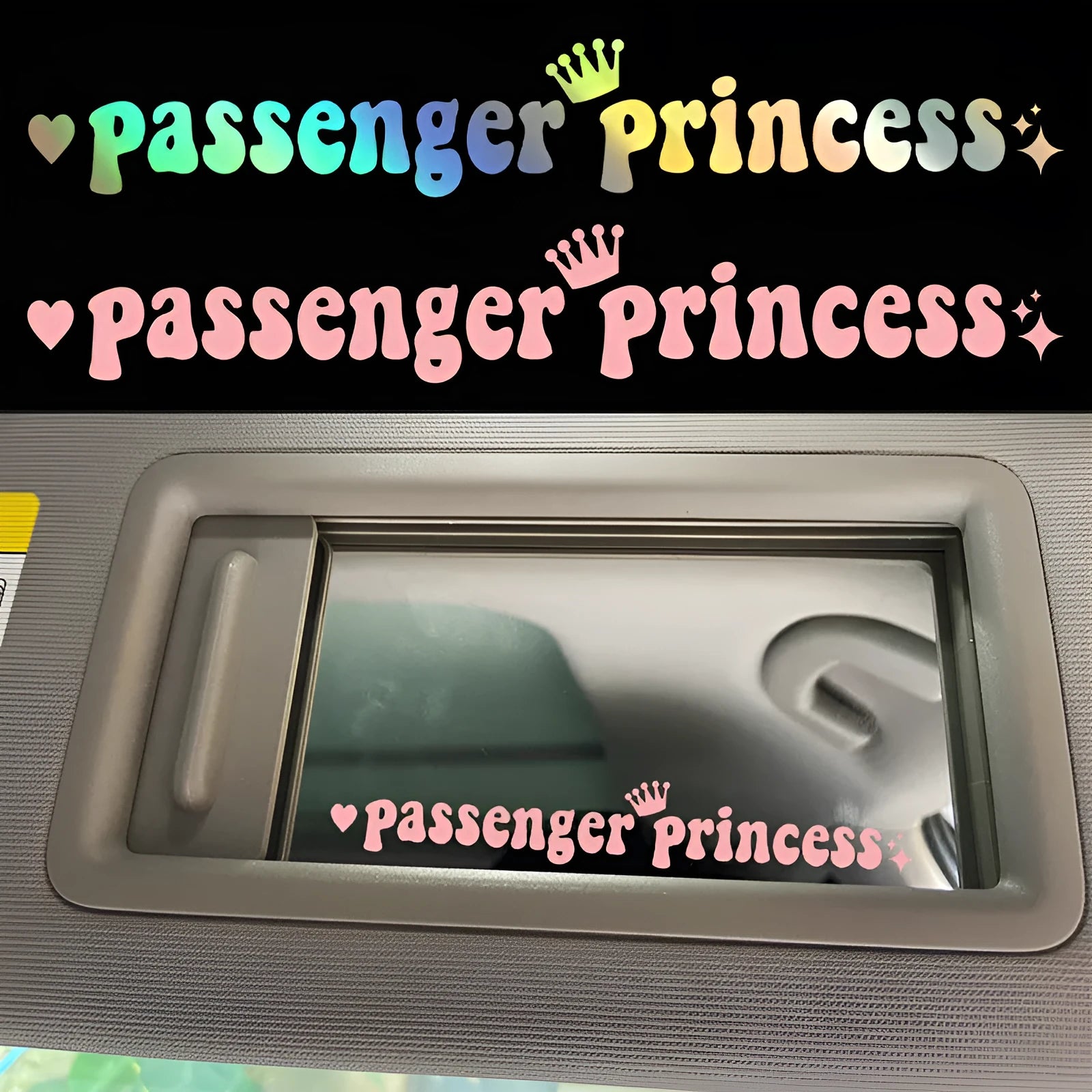 Passenger Princess slogan car rearview mirror sticker in black, white, laser, or pink, 15cm long.
