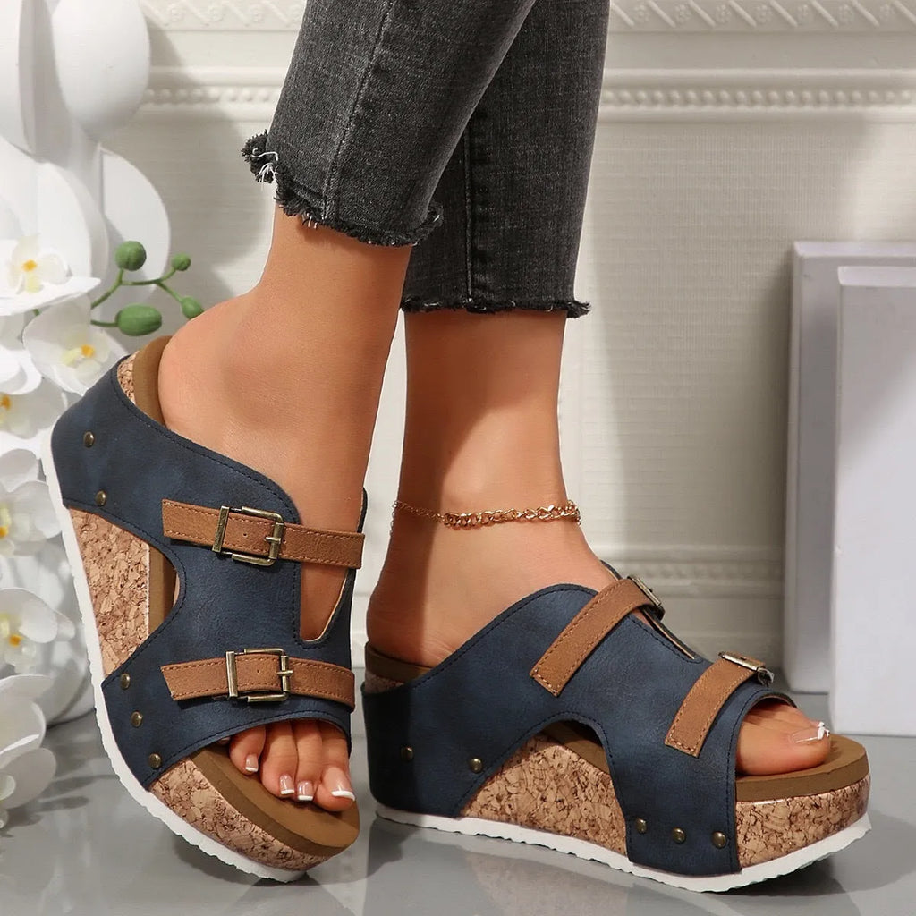 Ins buckle wedges sandals with fish mouth toe and thick high heel for women in blue colour
