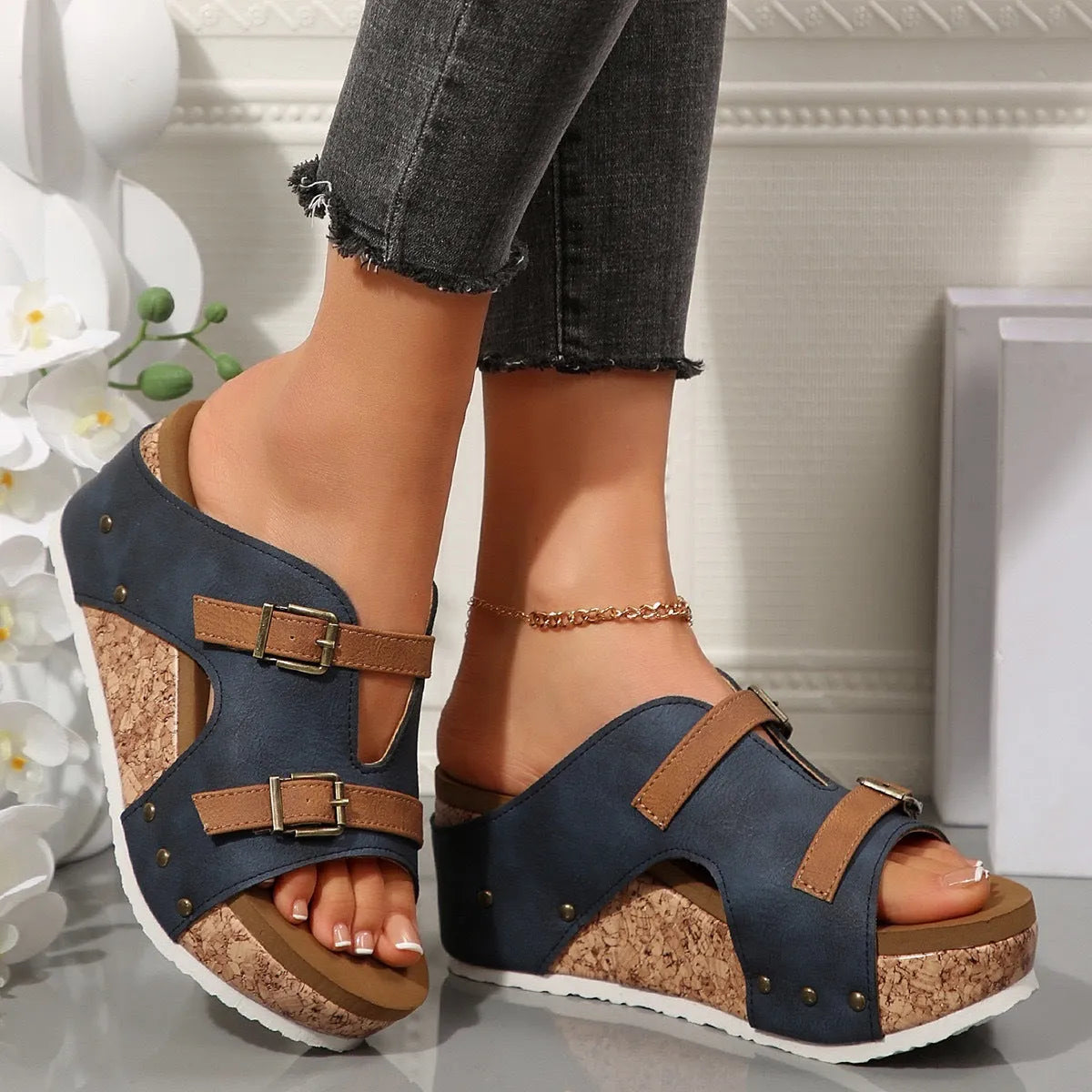 Ins buckle wedges sandals with fish mouth toe and thick high heel for women in blue colour