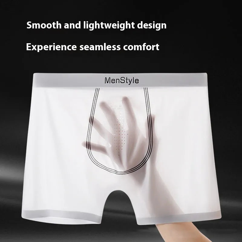 Men's seamless satin ice silk boxers in dark grey showing mid waist and single-layer crotch design