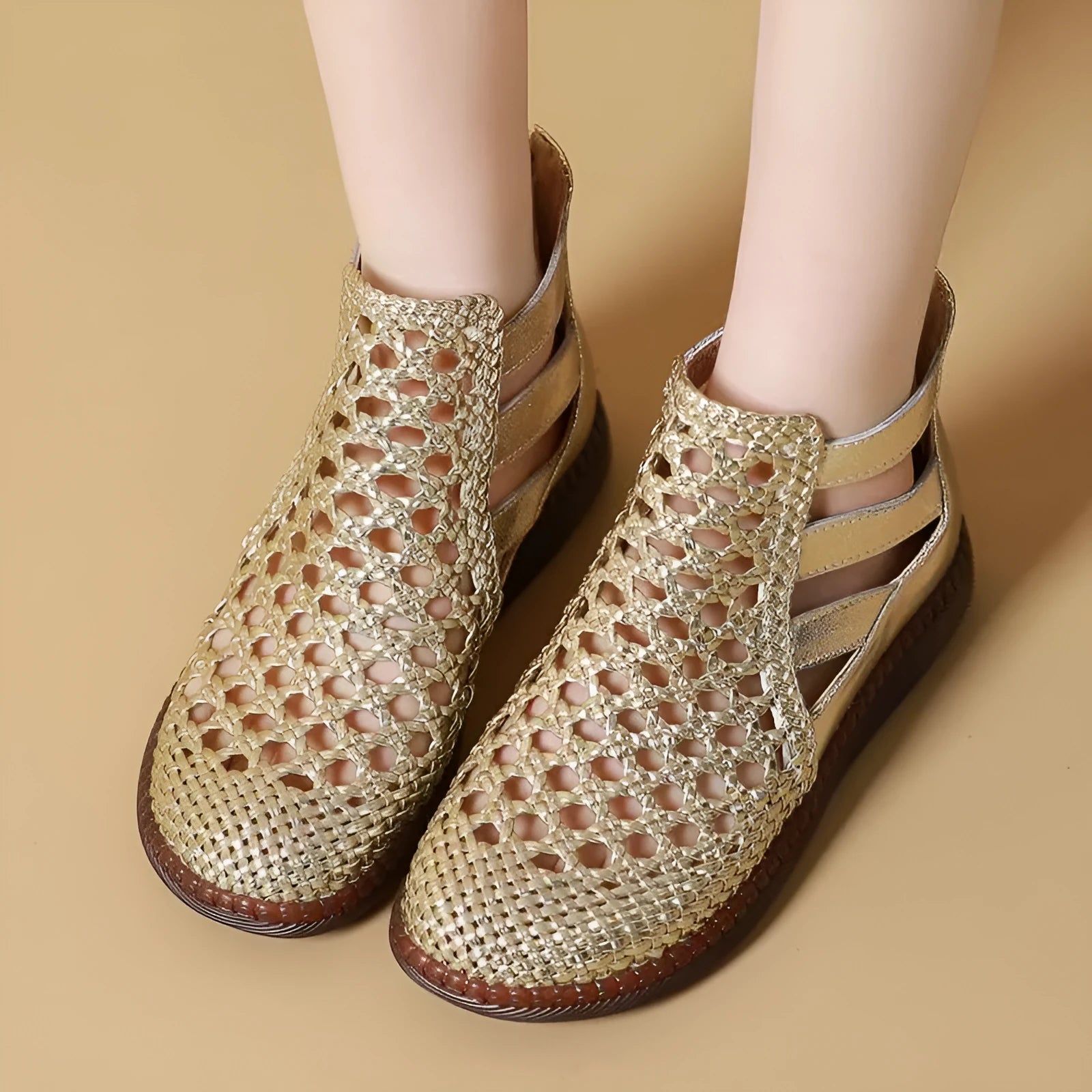 Gold and white women's flat sandals with hollow-out design and soft TPR soles