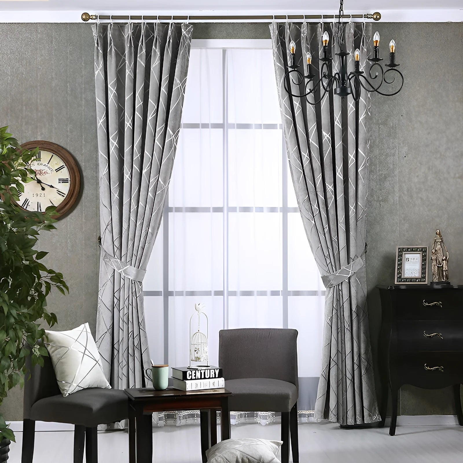 Modern minimalist chenille blackout curtain in water cube grey colour, jacquard woven texture