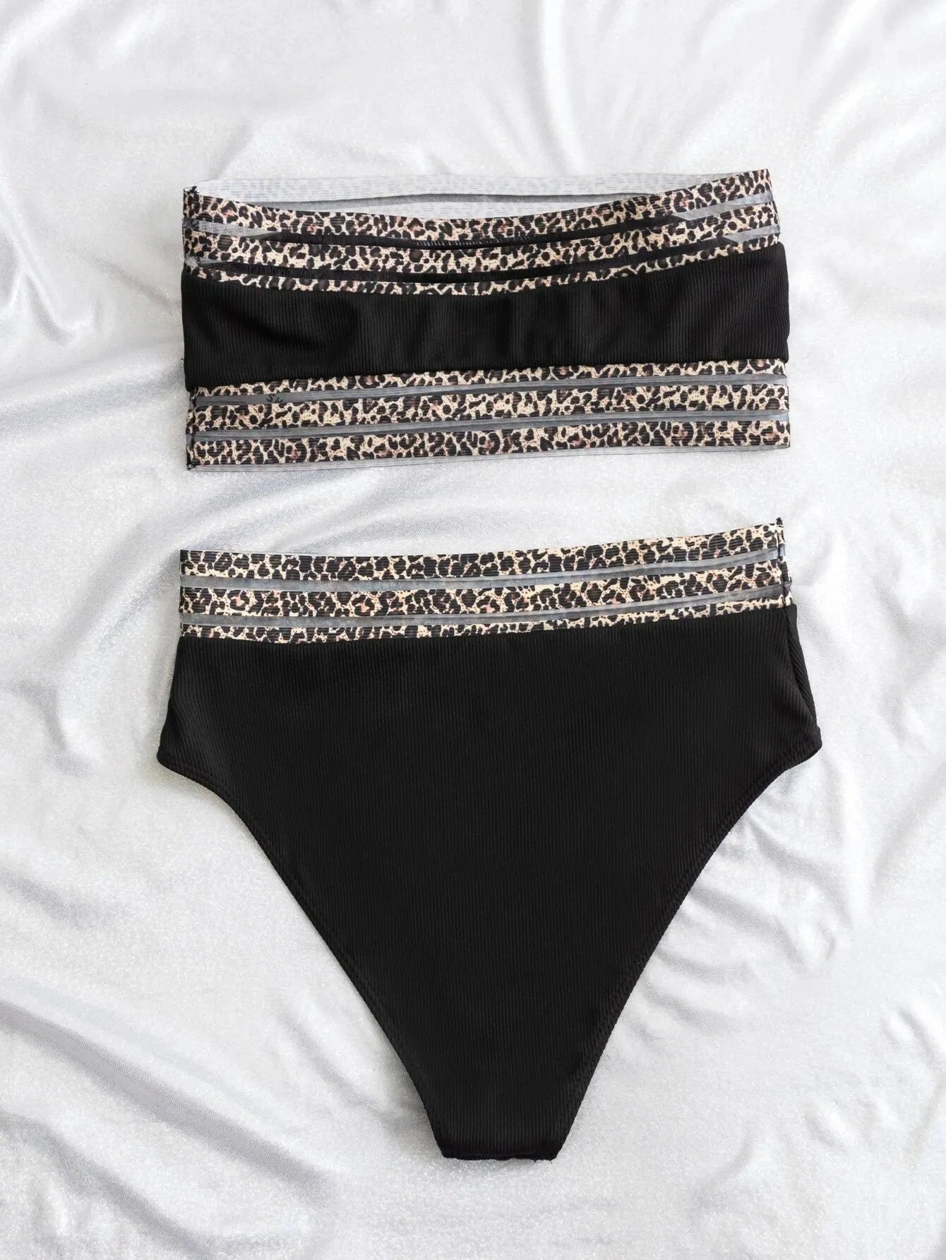 Black strapless bandeau swimsuit with leopard print pattern, high elasticity fabric