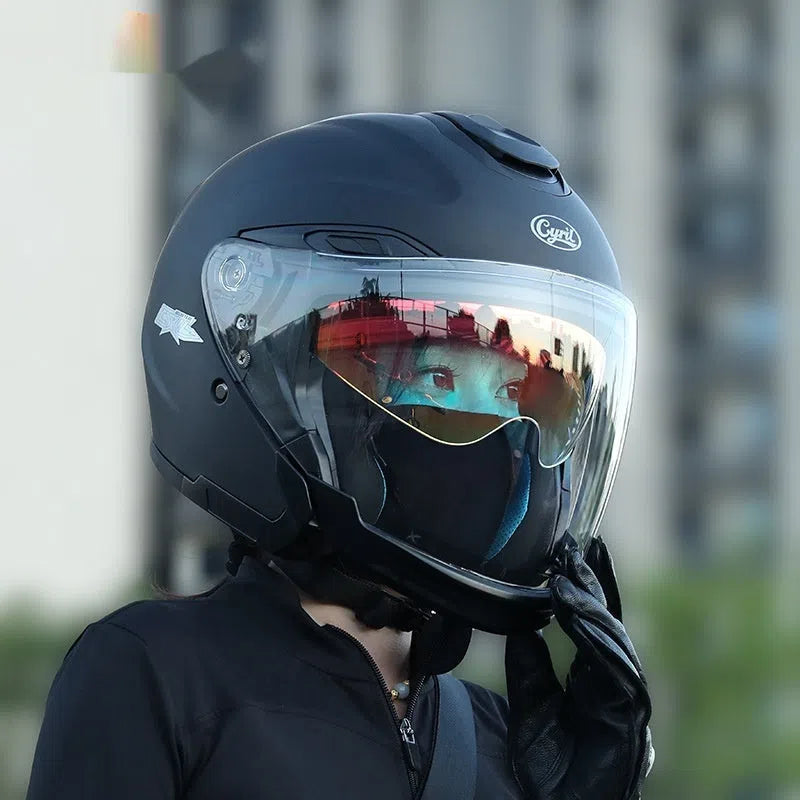 Summer Men's Motorcycle Half Three-quarter Helmet ABS shell double visor Flash Black colour