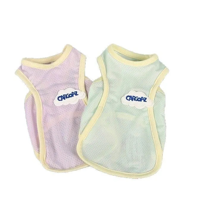 Grass green lightweight polyester vest for cats on a grey background, showing front hook-and-loop closure.