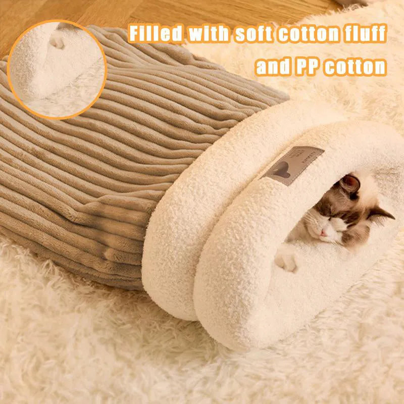 Brown plush pet sleeping bag with semi-enclosed design for cats