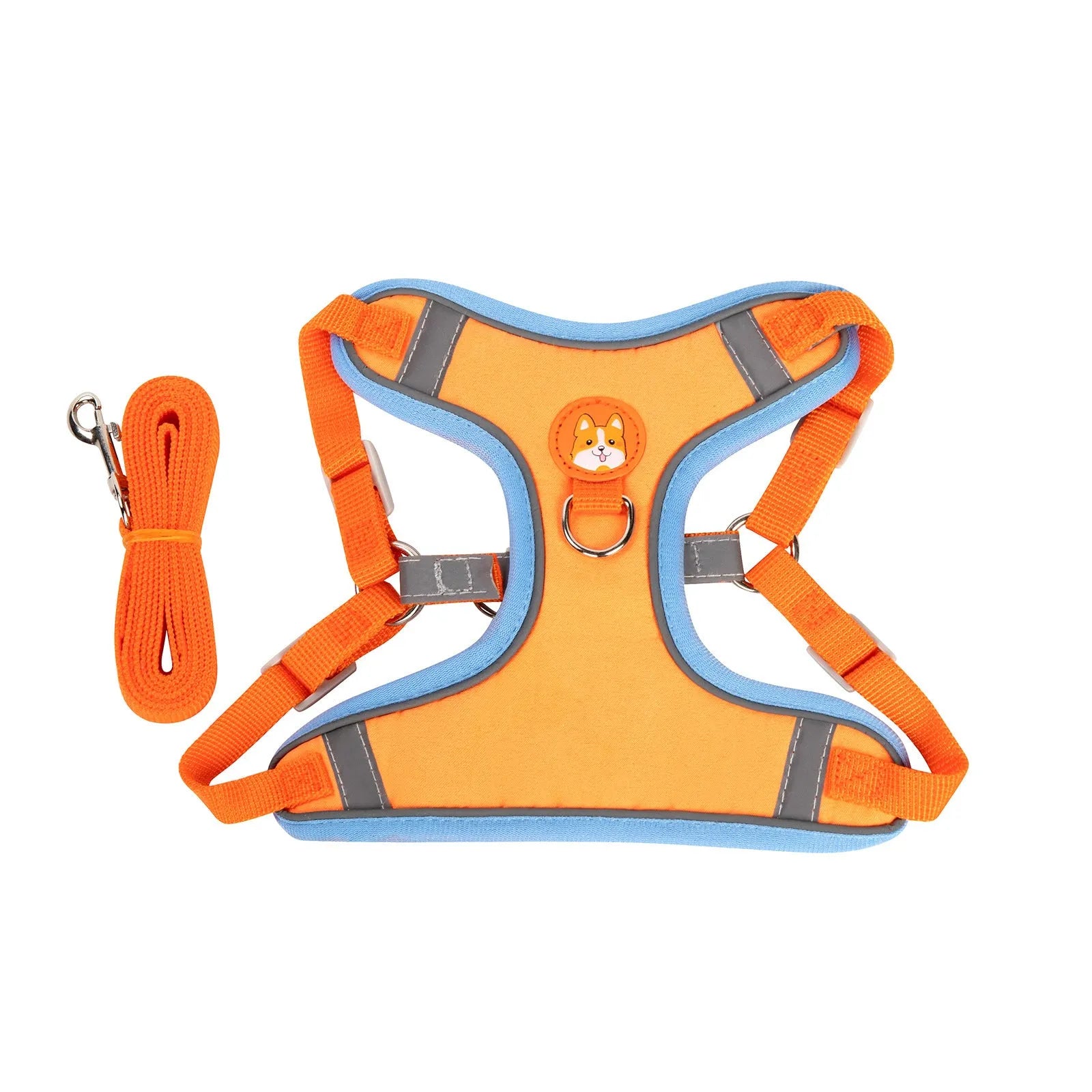 Adjustable dog harness vest with haulage rope in one of six colours: purple, blue, orange, red, brown, or green.