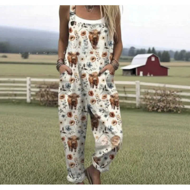 Women's digital print button suspender trousers mid waist straight leg polyester available in multiple colours sizes S to 5XL