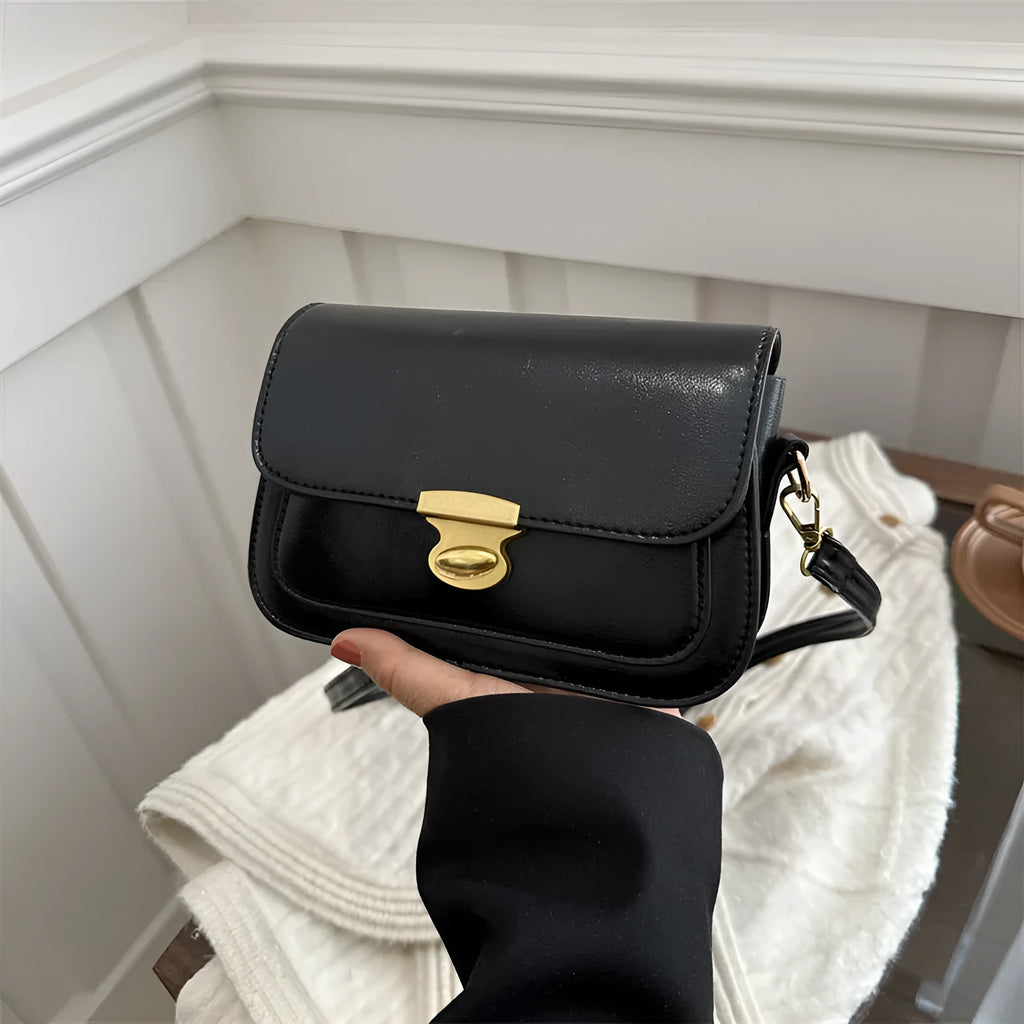 Retro square crossbody bag in PU leather with horizontal suitcase shape, 25 cm width